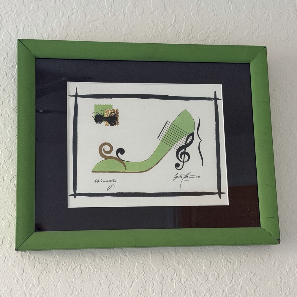 Vintage‎ Framed Wall Art Print Music Note High Heel Fashion Sketch Green Signed